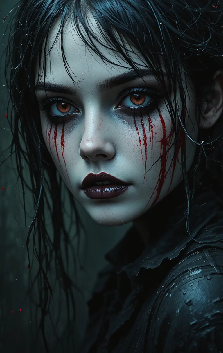 Spooky close up of pale woman with bloody face