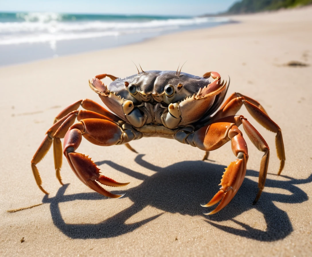 Terrifying crab emerging from the ocean onto a sandy beach