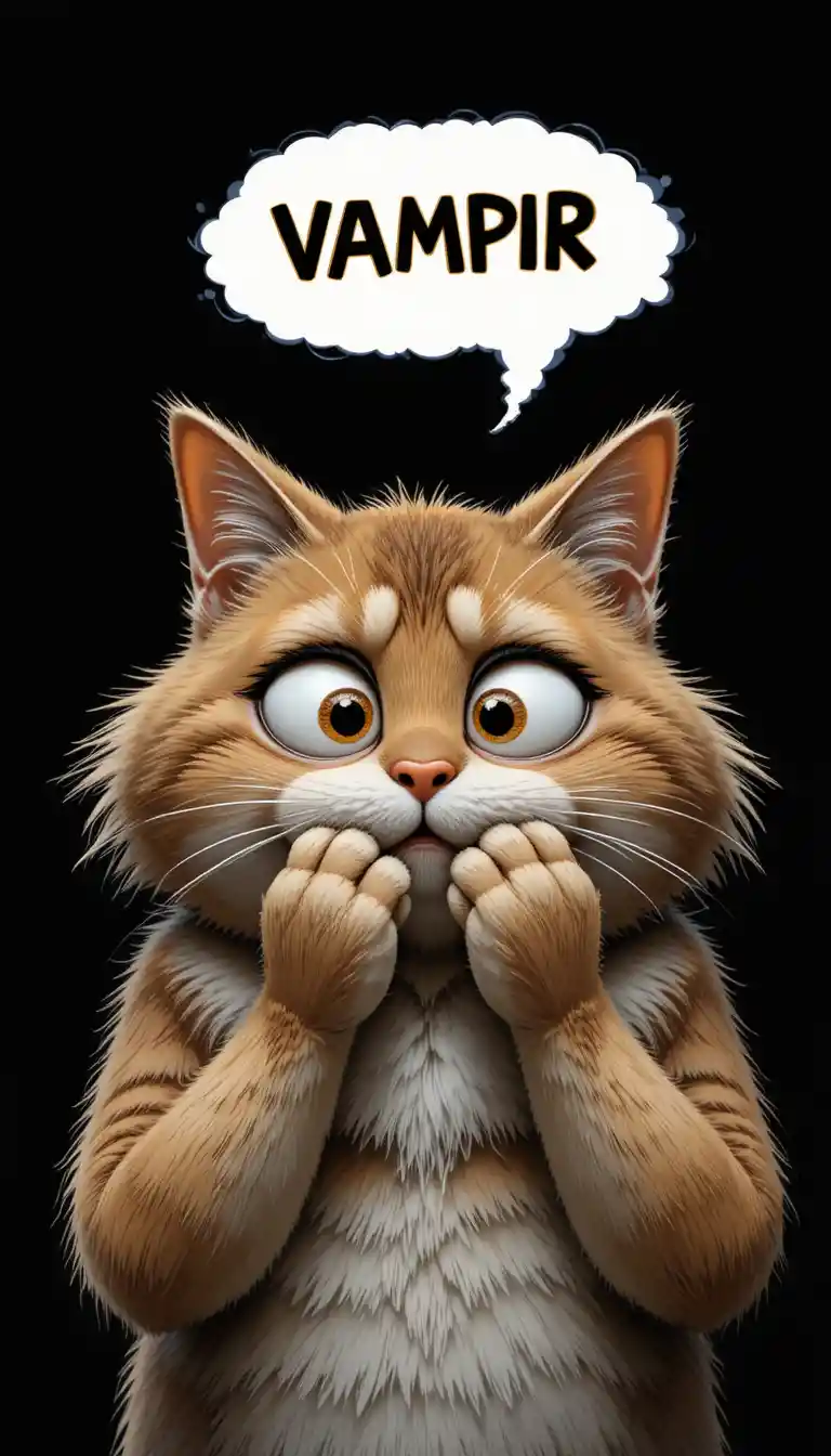 Flauschige Cartoon-Katze, die vor einer winzigen Vampir-Mücke panisch ist