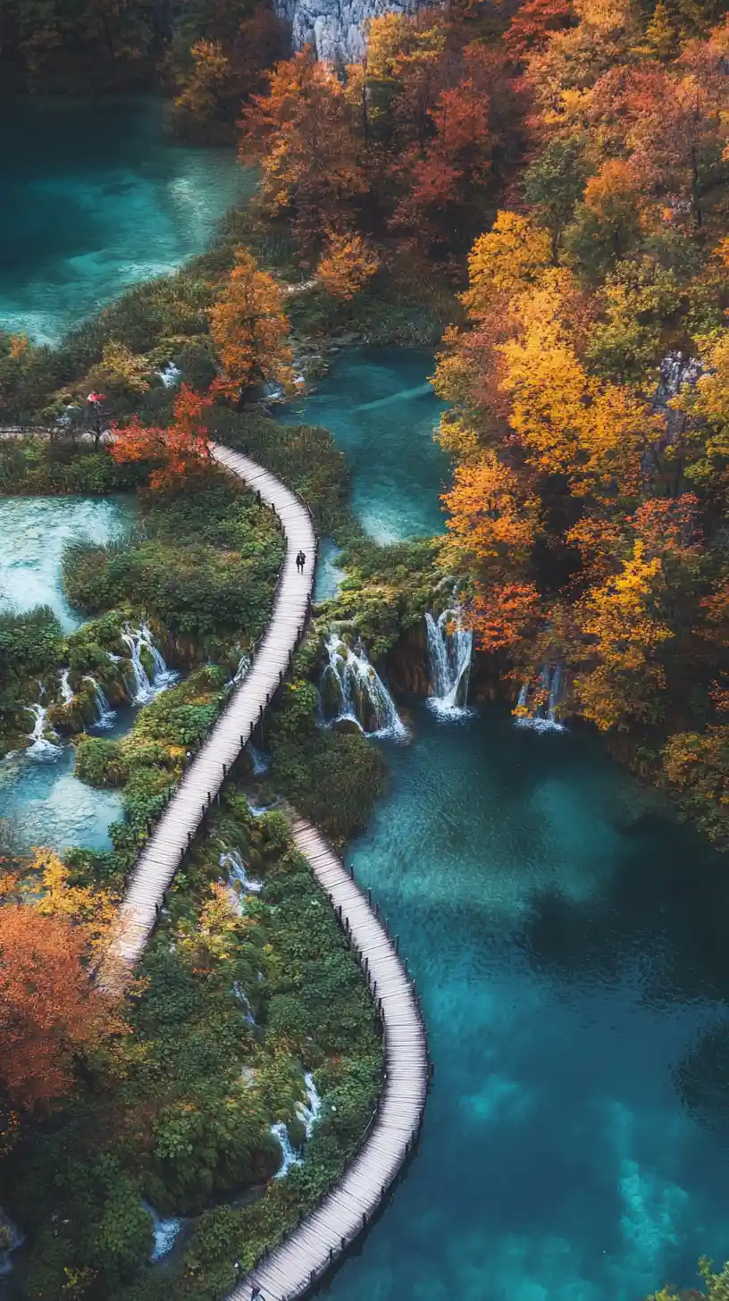 Herbstliche Wasserfälle und Seen in Plitvice aus der Vogelperspektive