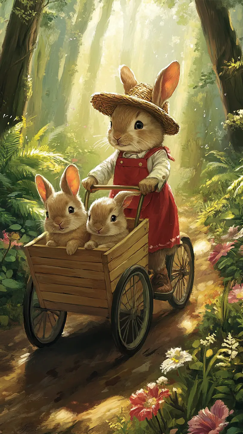 Mother rabbit with babies in a wooden bike in forest