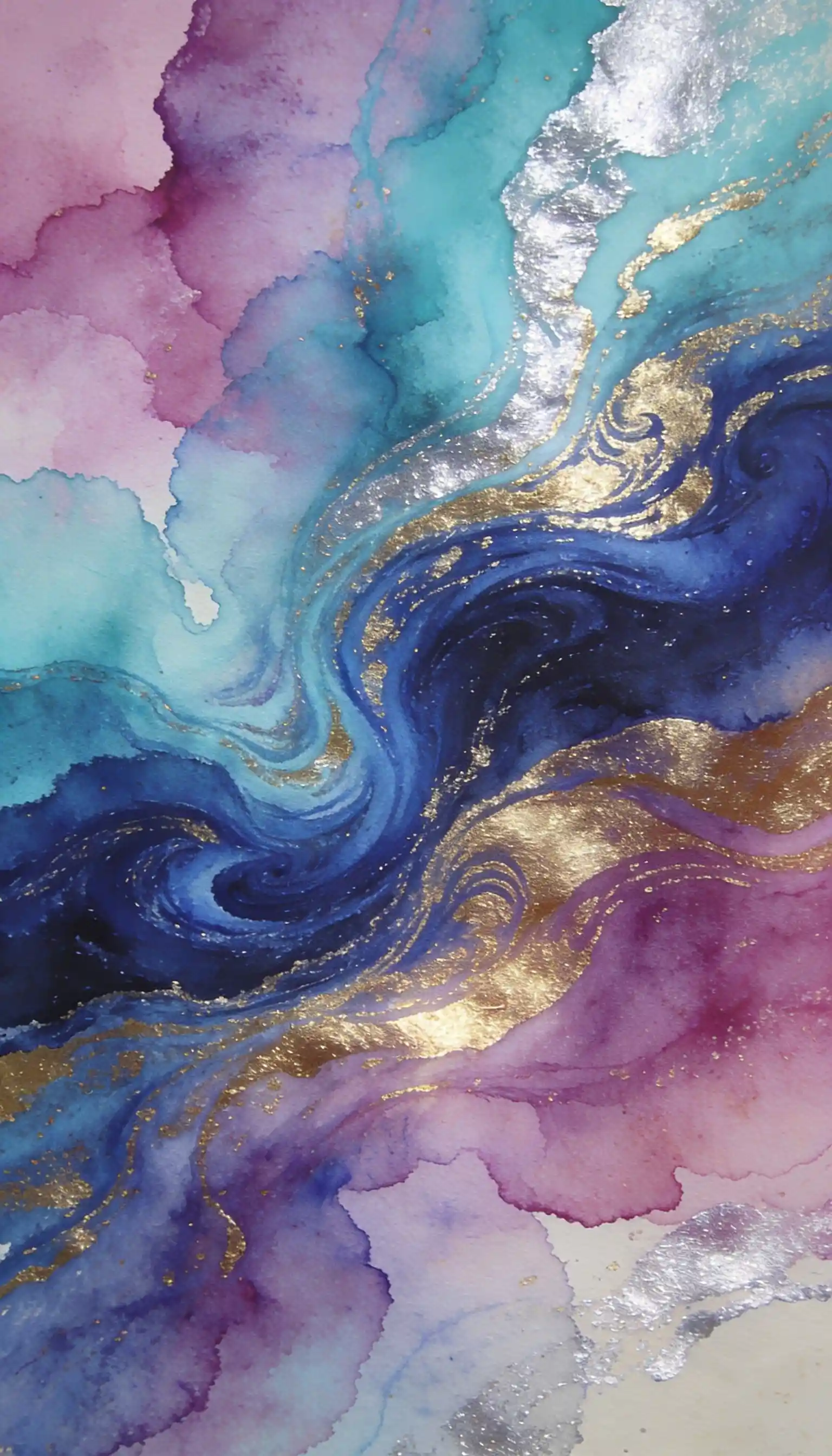Dreamy abstract watercolor painting with swirling blue and gold