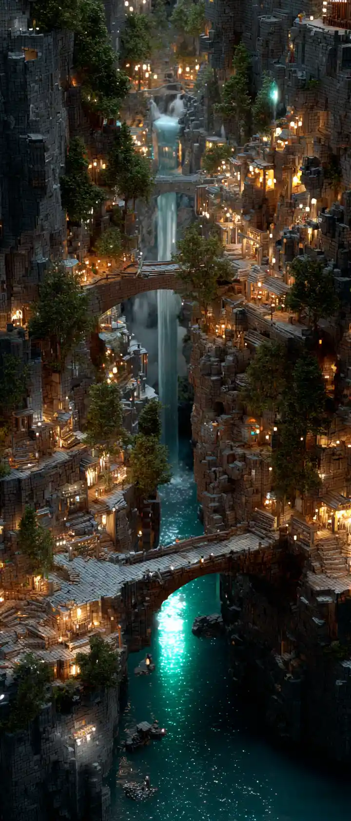 Photorealistic fantasy city built inside a rocky canyon