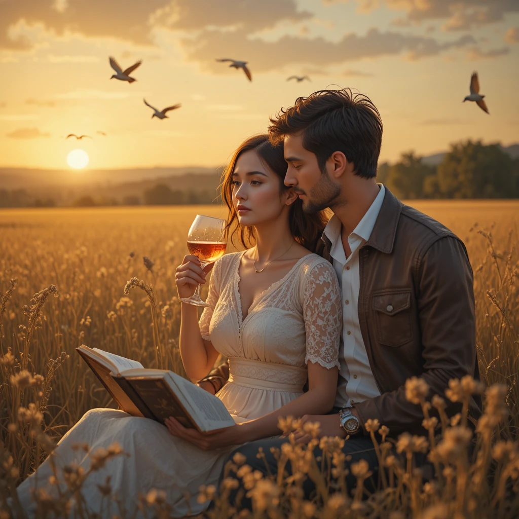 Pareja romántica compartiendo vino en un campo al atardecer