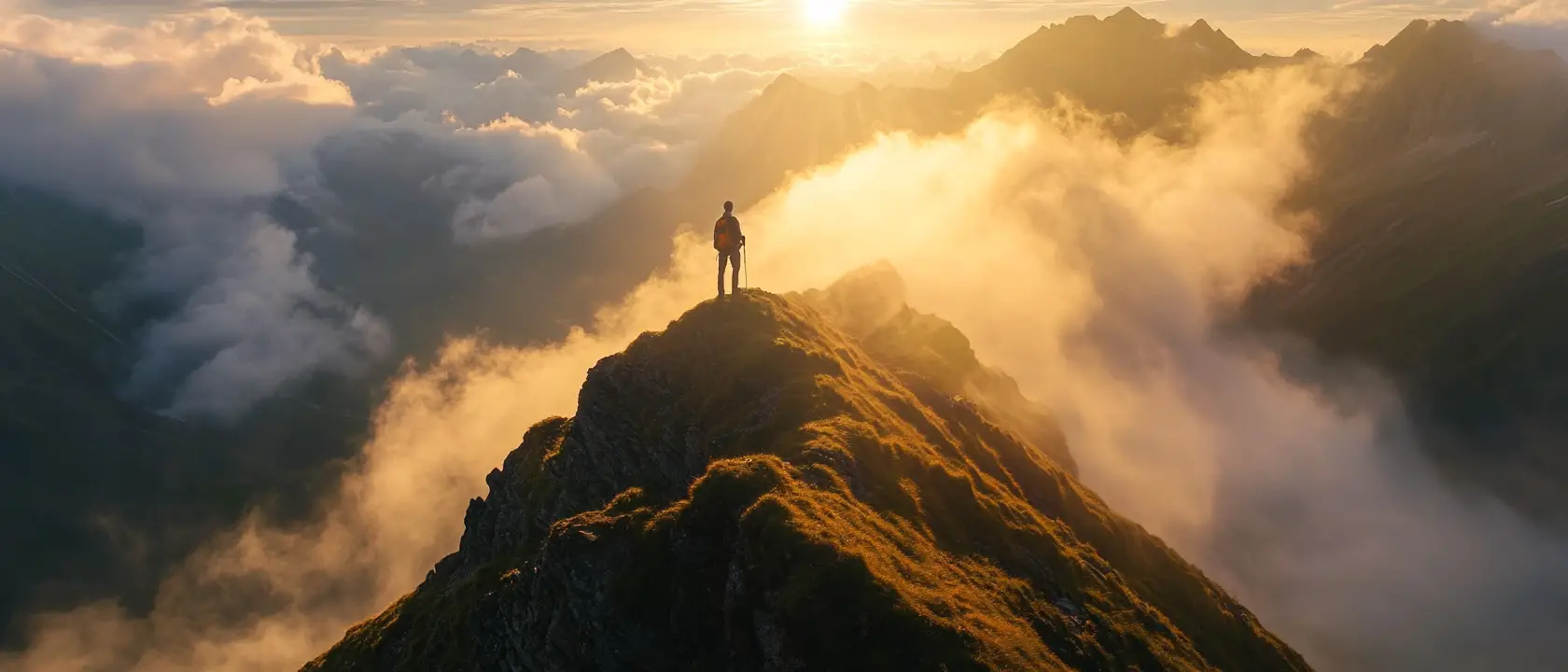 Hiker On Swiss Mountain Peak At Sunrise Above Clouds