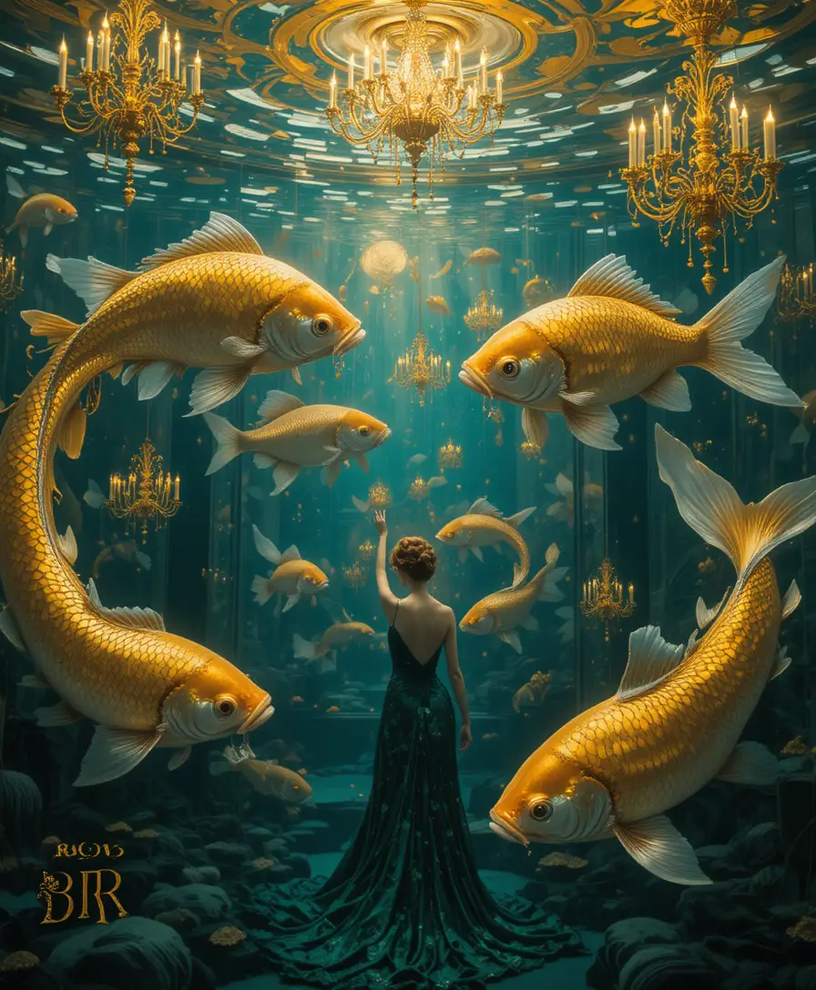 Colossal Goldfish Drift Through A Submerged Ballroom