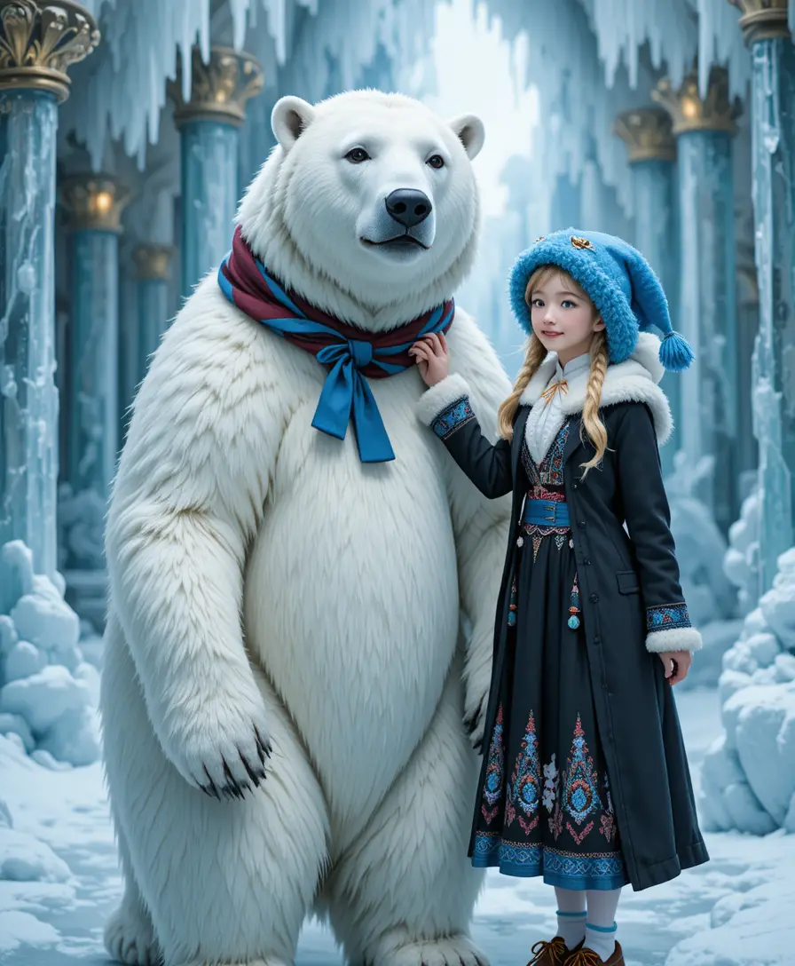 Girl with polar bear in elegant winter fantasy attire