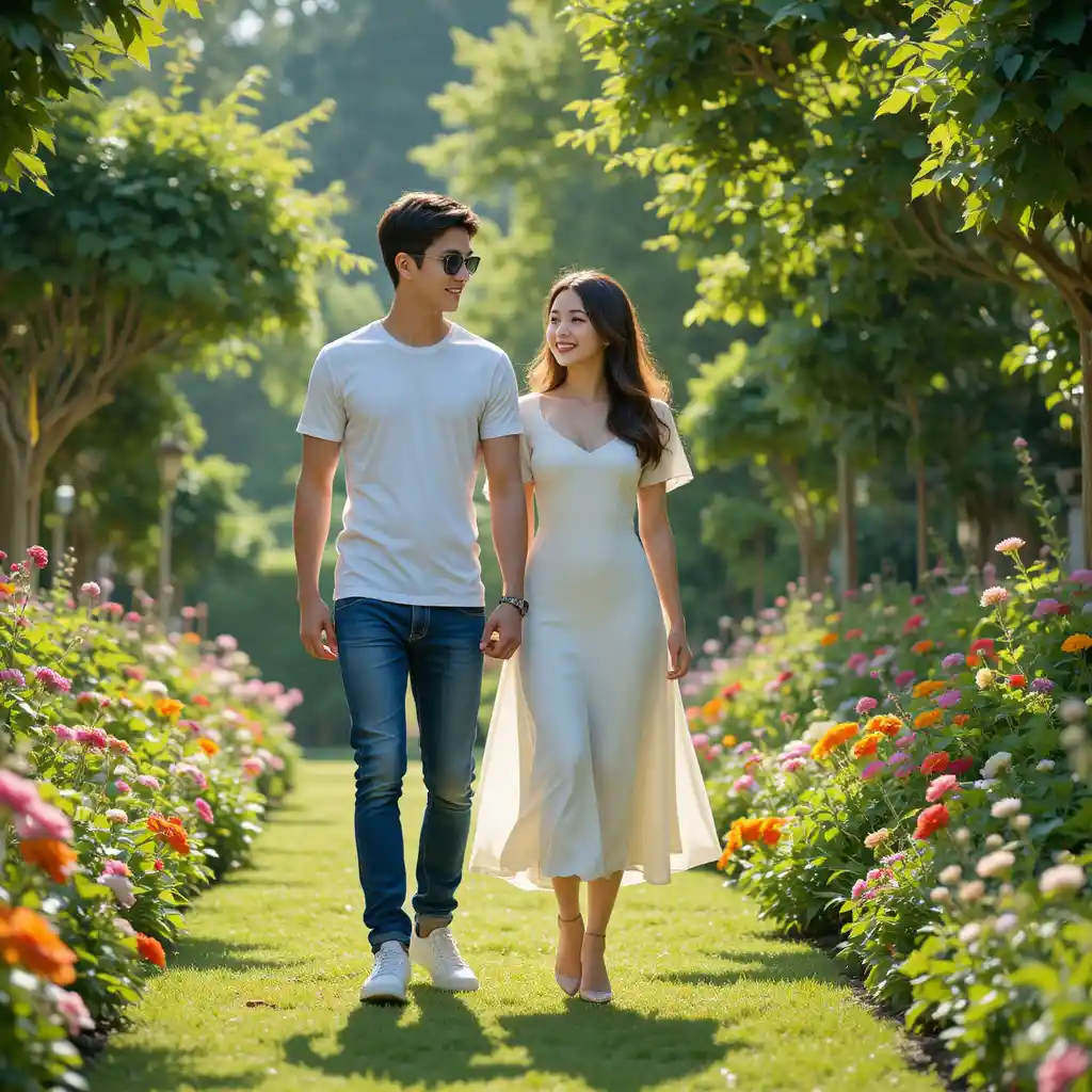 Young couple walking together in a sunny garden