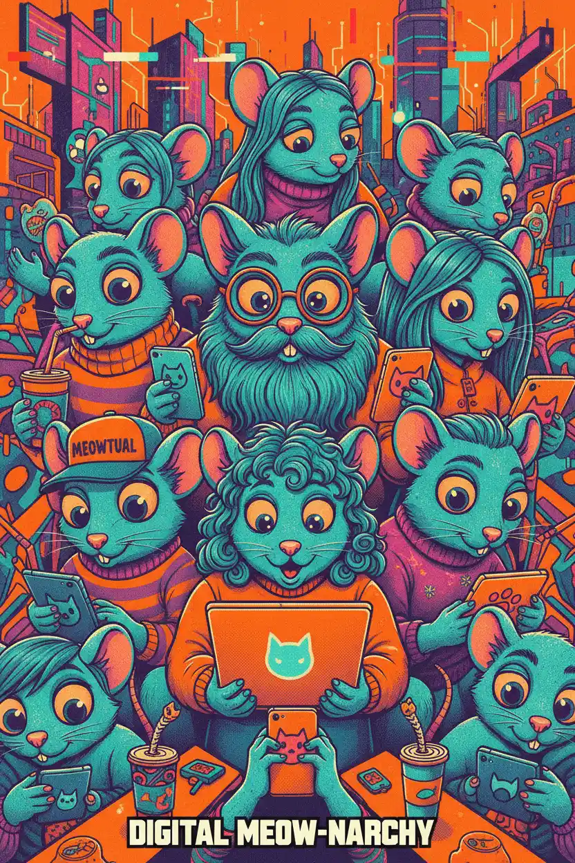 Whimsical group portrait of tech loving teal cats