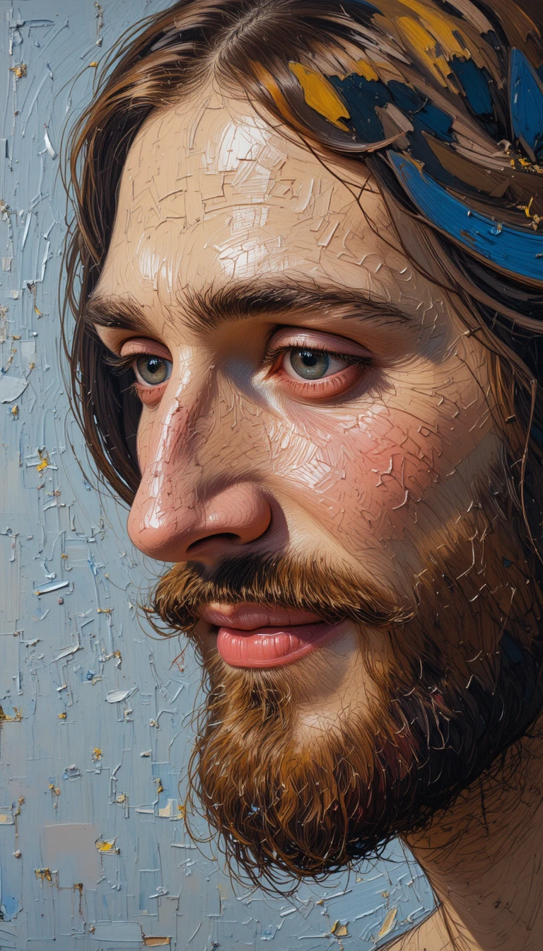 Close up oil portrait of Jesus smiling on neutral background