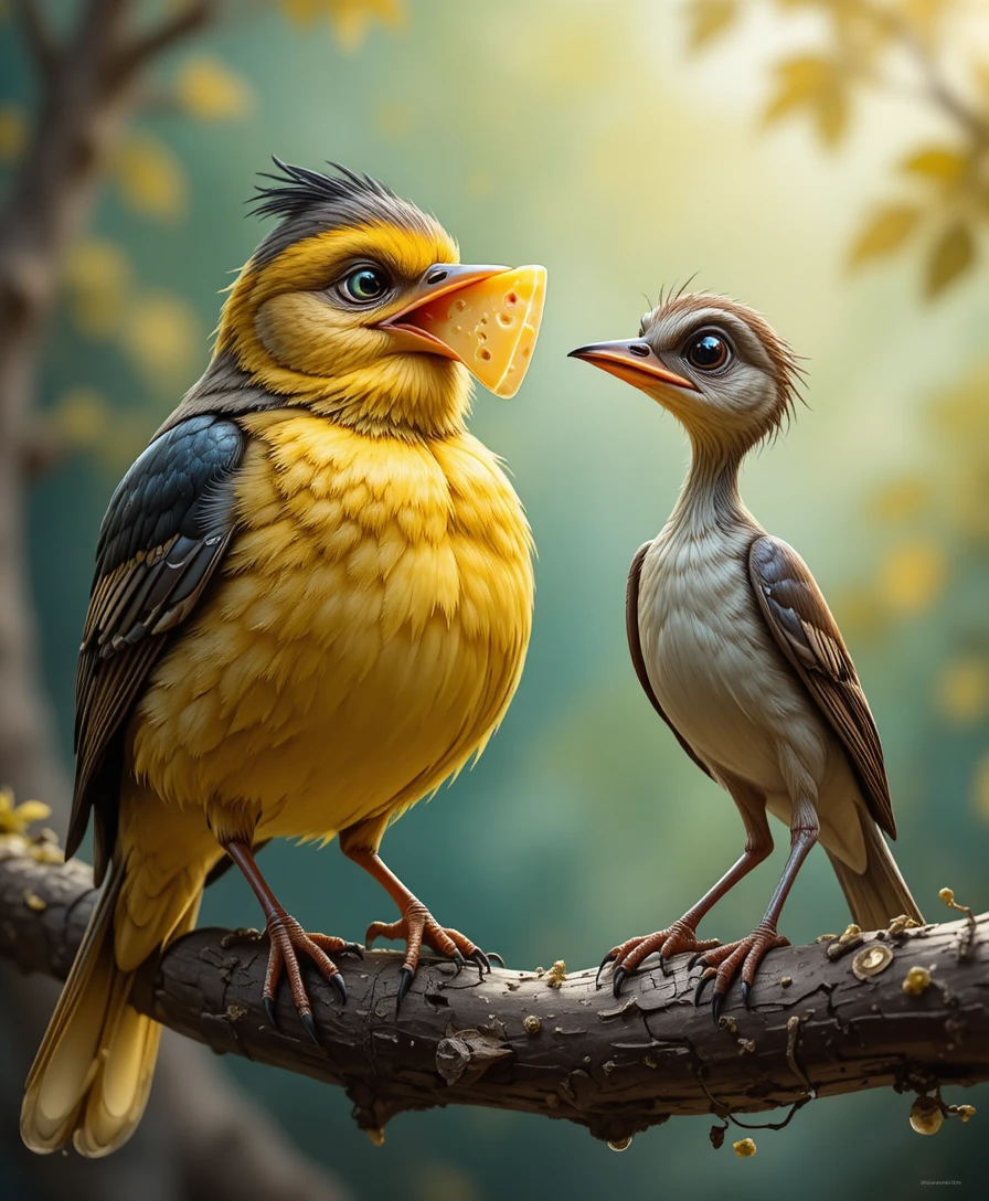 Cartoon birds on a tree branch with tempting swiss cheese