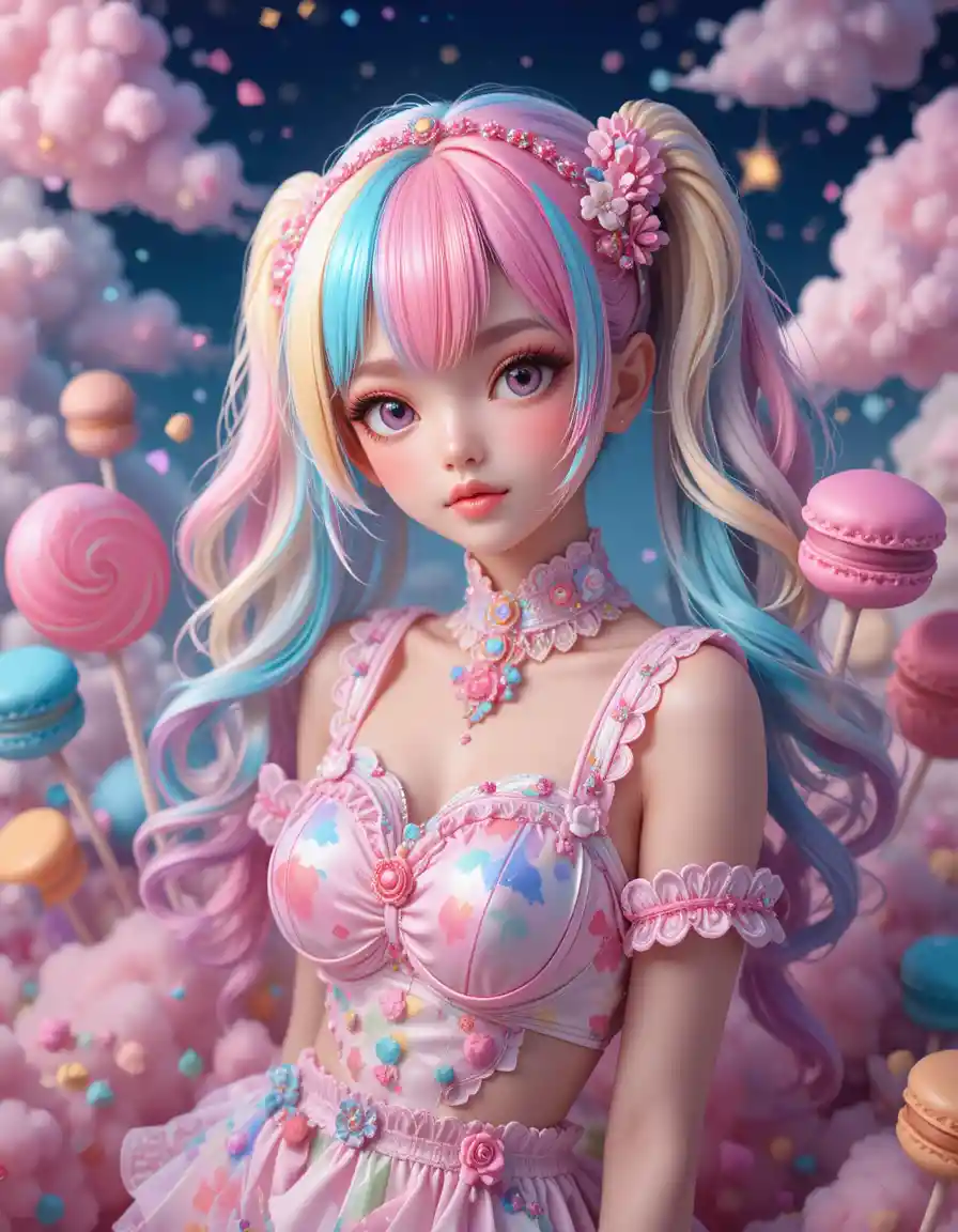 Garota de anime fofa em um mundo de fantasia de doces em tons pastéis