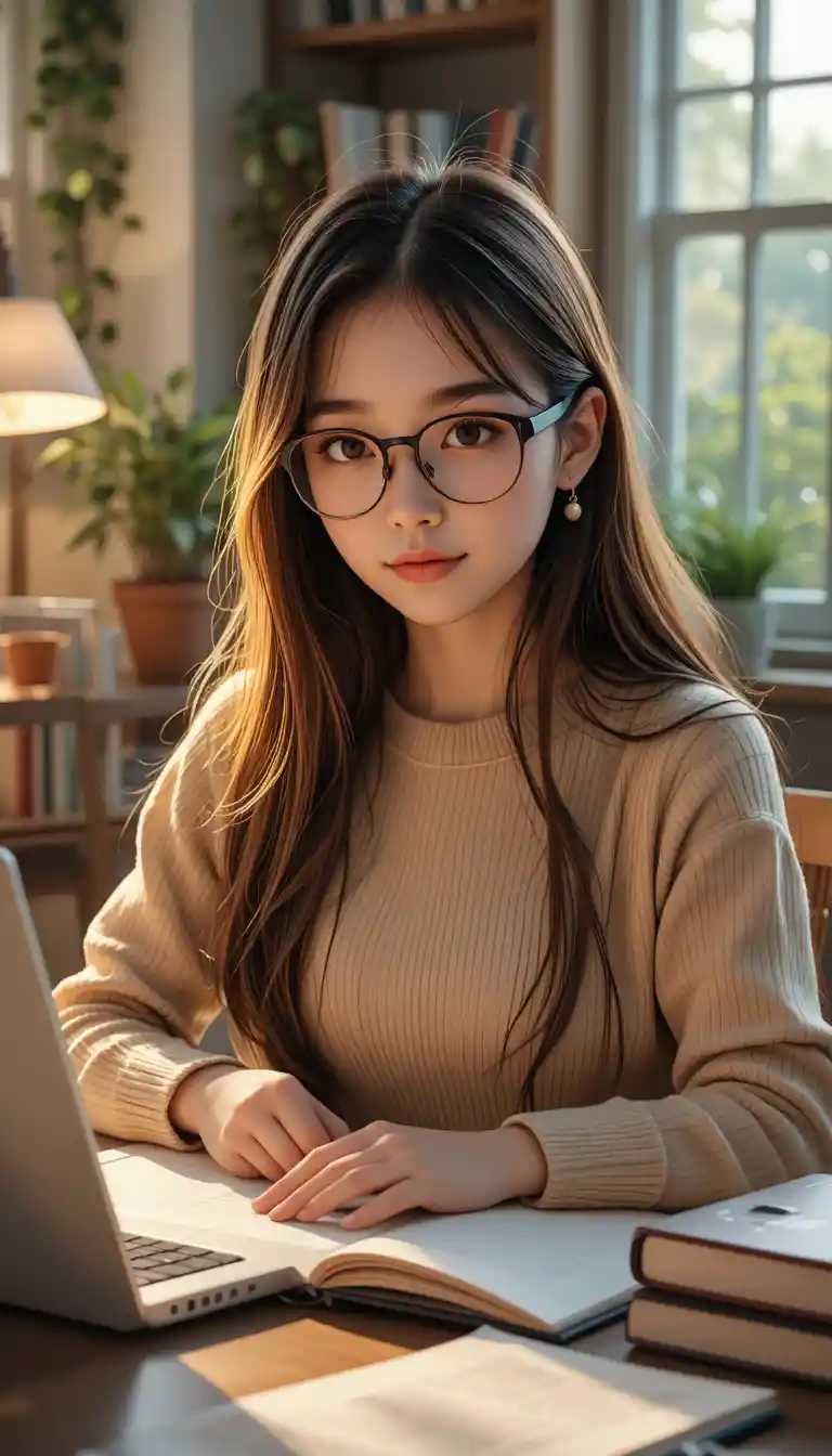 暖かい照明のある居心地の良い机で勉強する可愛い女の子