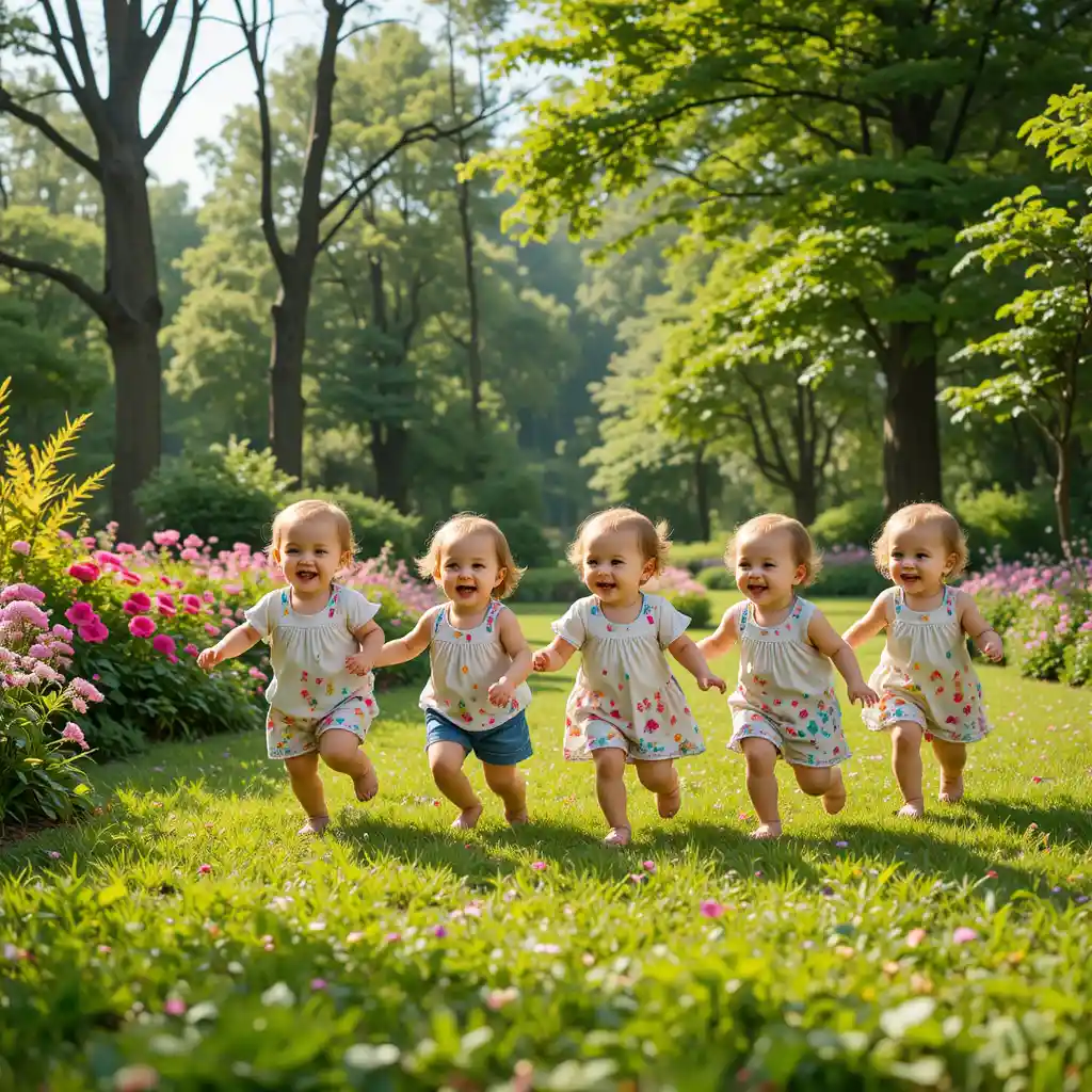 Joyful babies playing together in a sunny green park