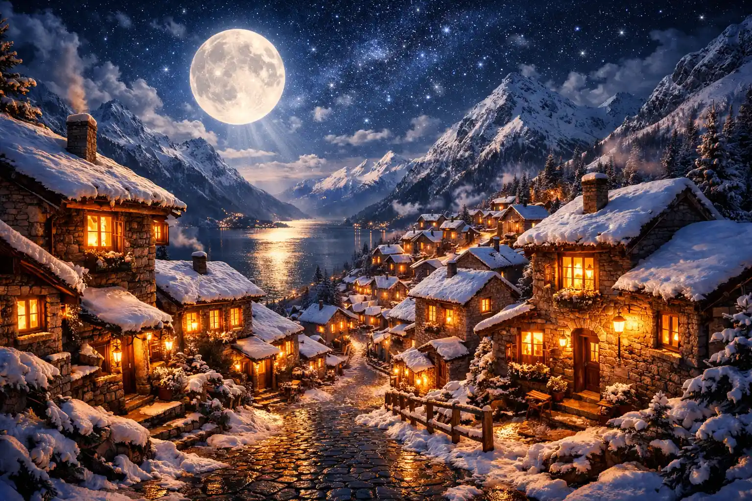 Cozy mountain village glowing under a bright full moon