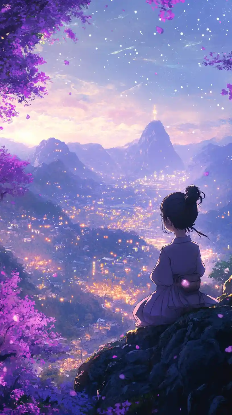 Anime girl on cliff overlooking a glowing valley