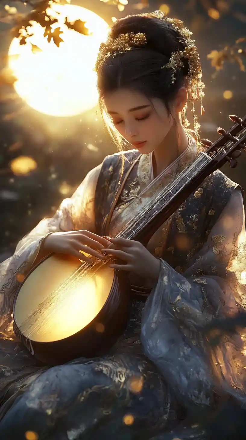 Asian woman playing pipa in mystical moonlit forest