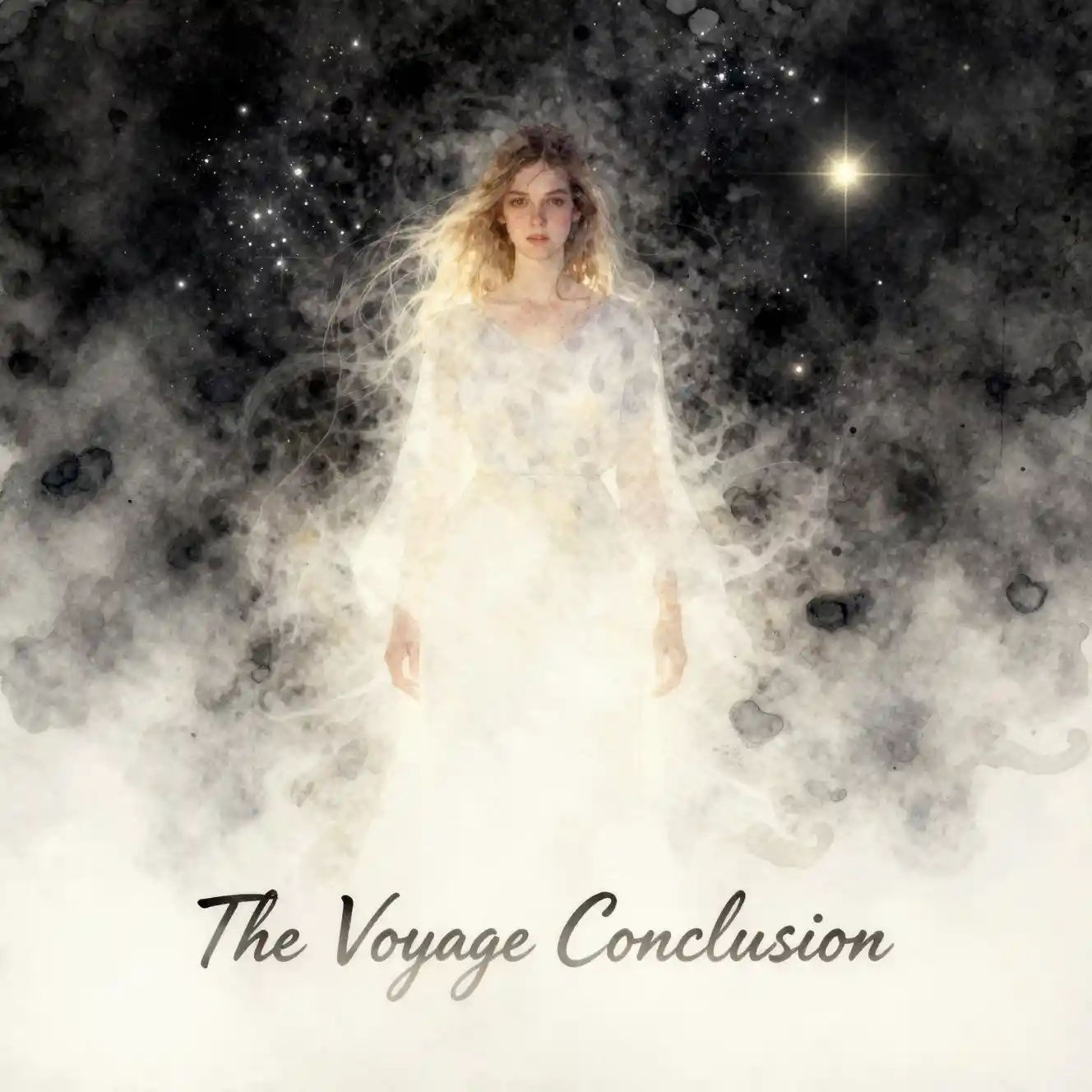 Young woman dissolving into a luminous cosmic watercolor nebula