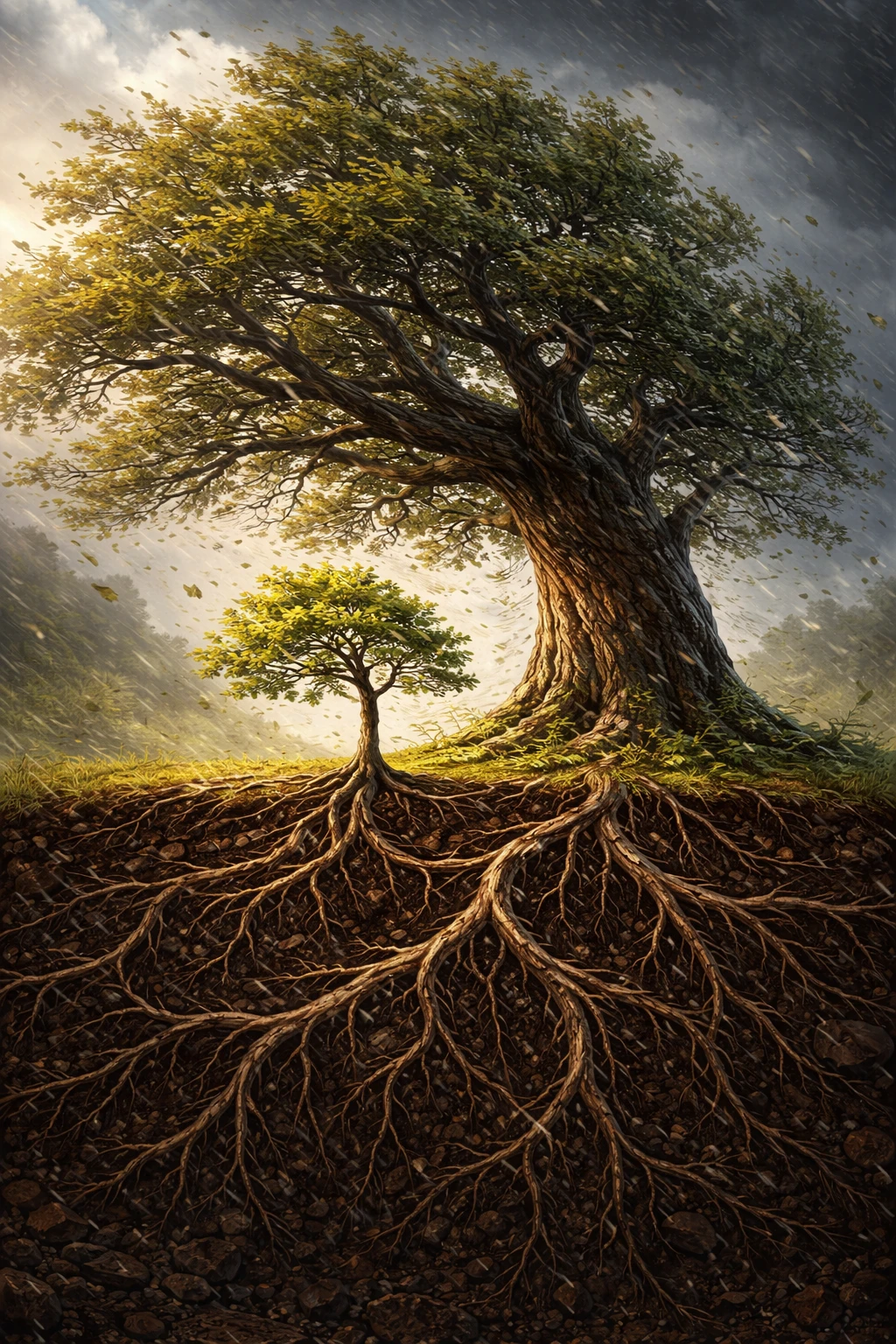 Large oak sheltering a smaller tree in strong wind
