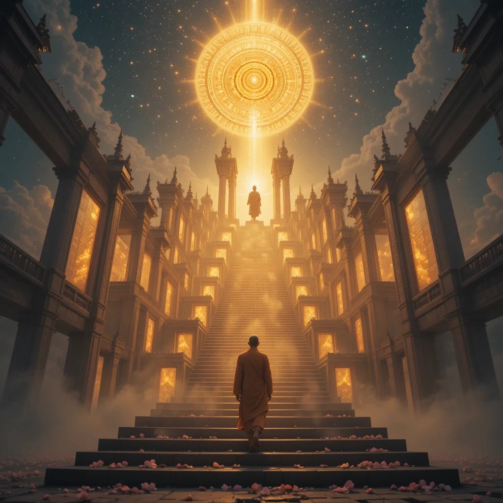 Monje ascendiendo por radiantes puertas cósmicas hacia la luz de Buda