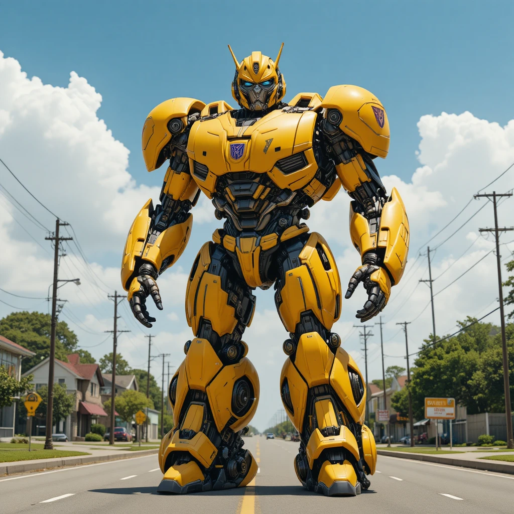 Giant yellow robot standing on a city street in sunlight