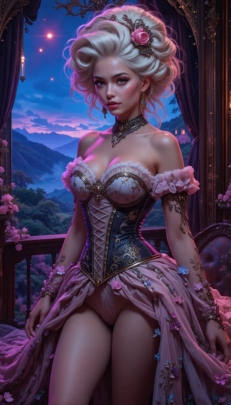 Fantasy courtesan in rococo boudoir with neon twilight