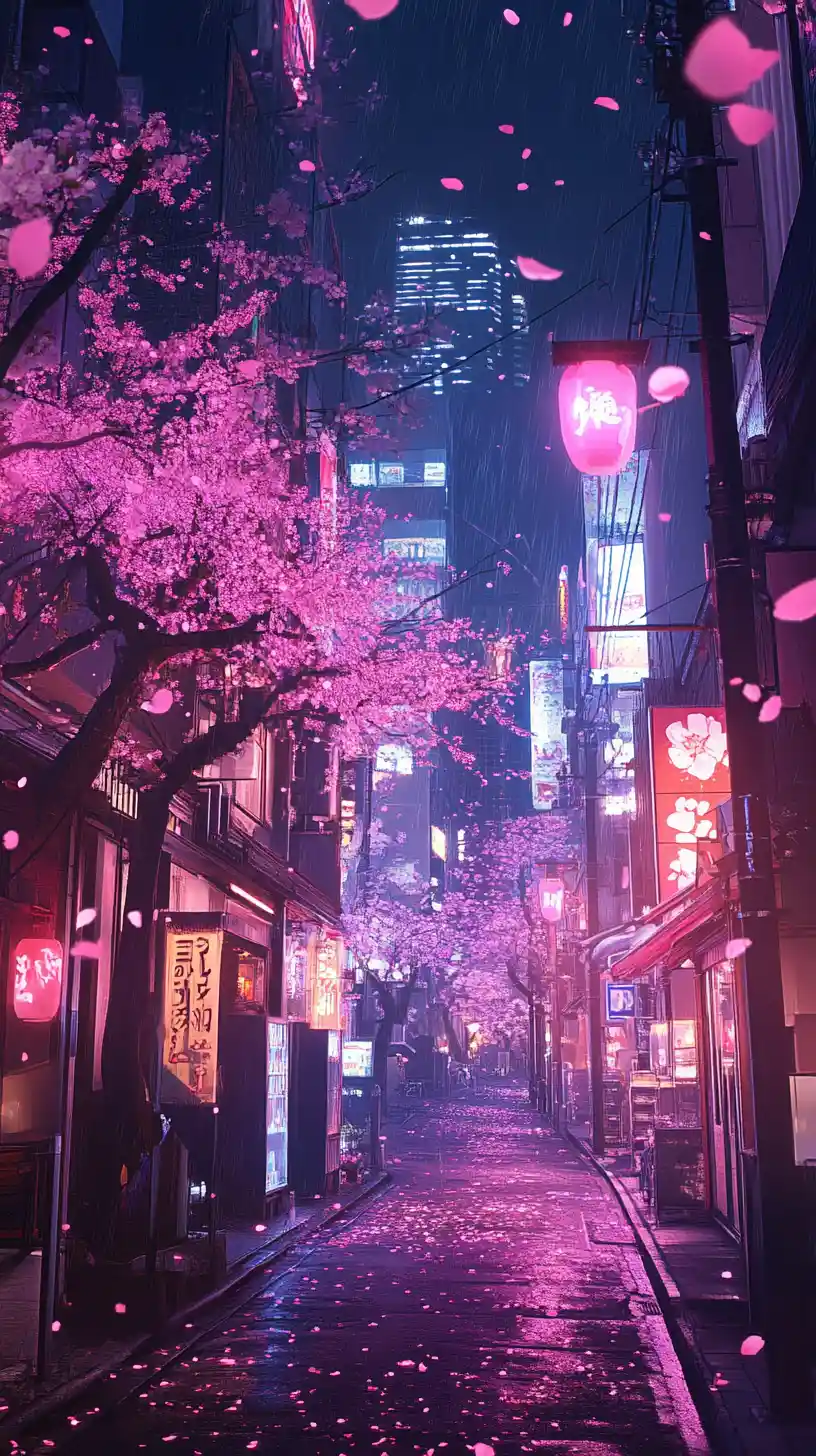 Tokio bei Nacht: Straße mit Neonlichtern und Kirschblüten