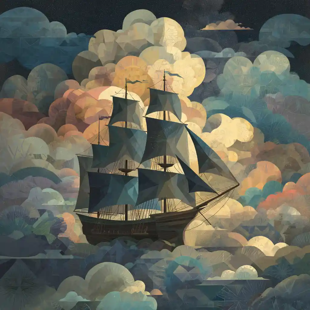 Surreal pirate ship drifting through a cathedral of clouds