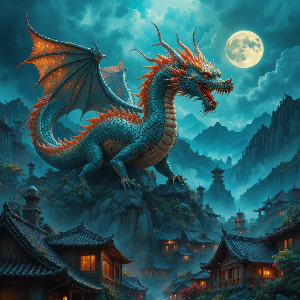 Drago colorato che sorvola un tranquillo villaggio fantasy