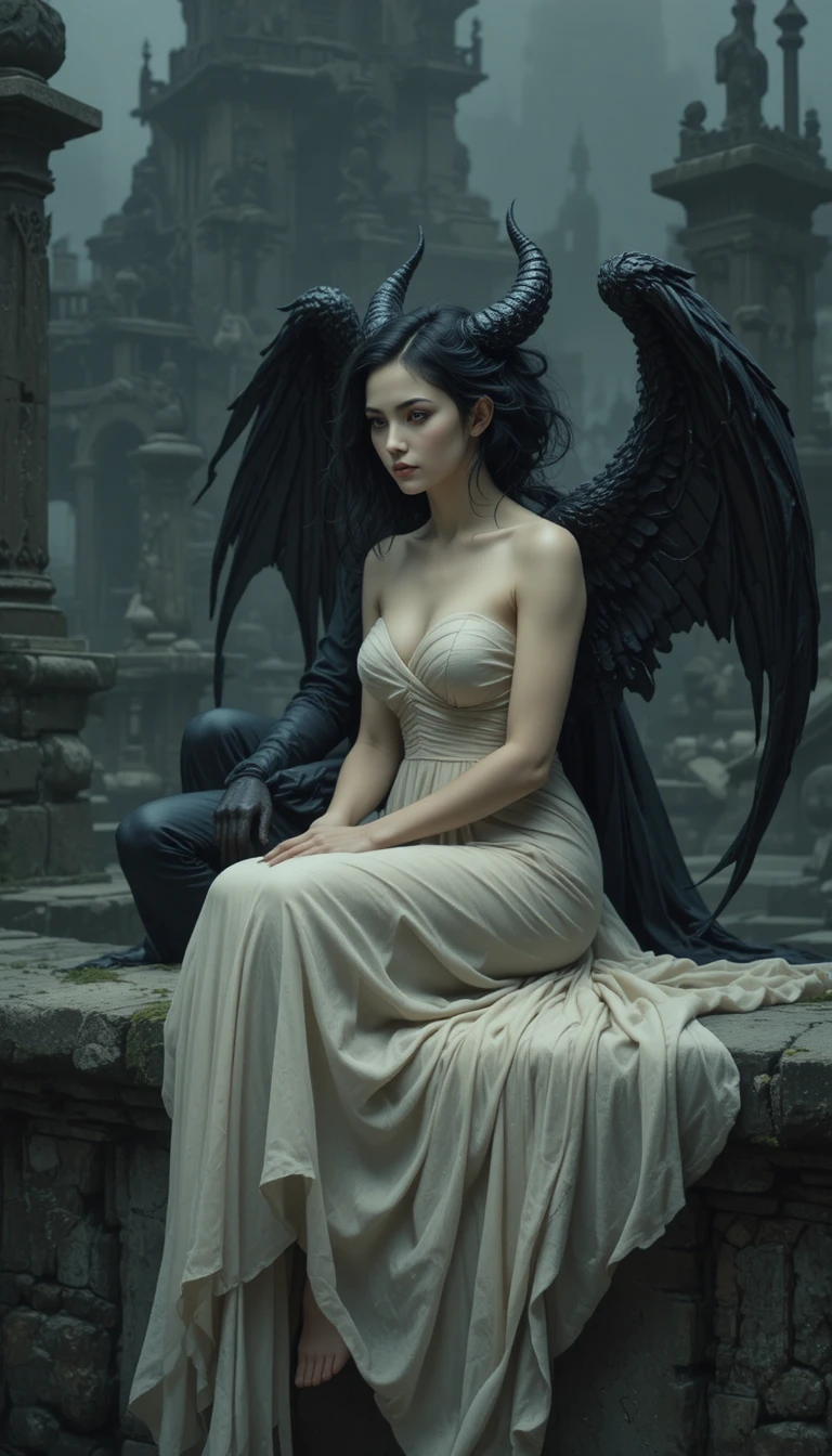 Pale horn haired woman with dark wings in gothic ruins