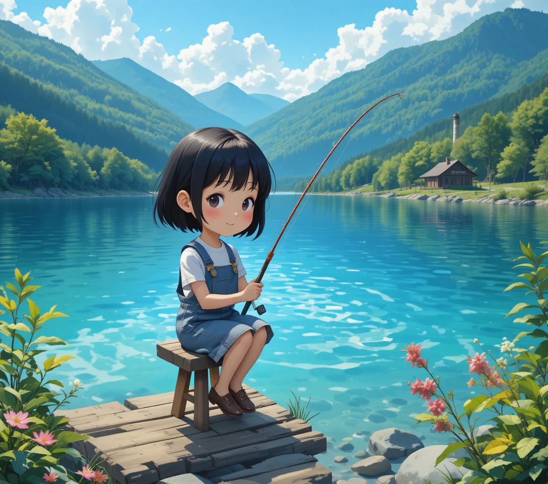 Ragazza anime che pesca su un pontile di un tranquillo lago di montagna