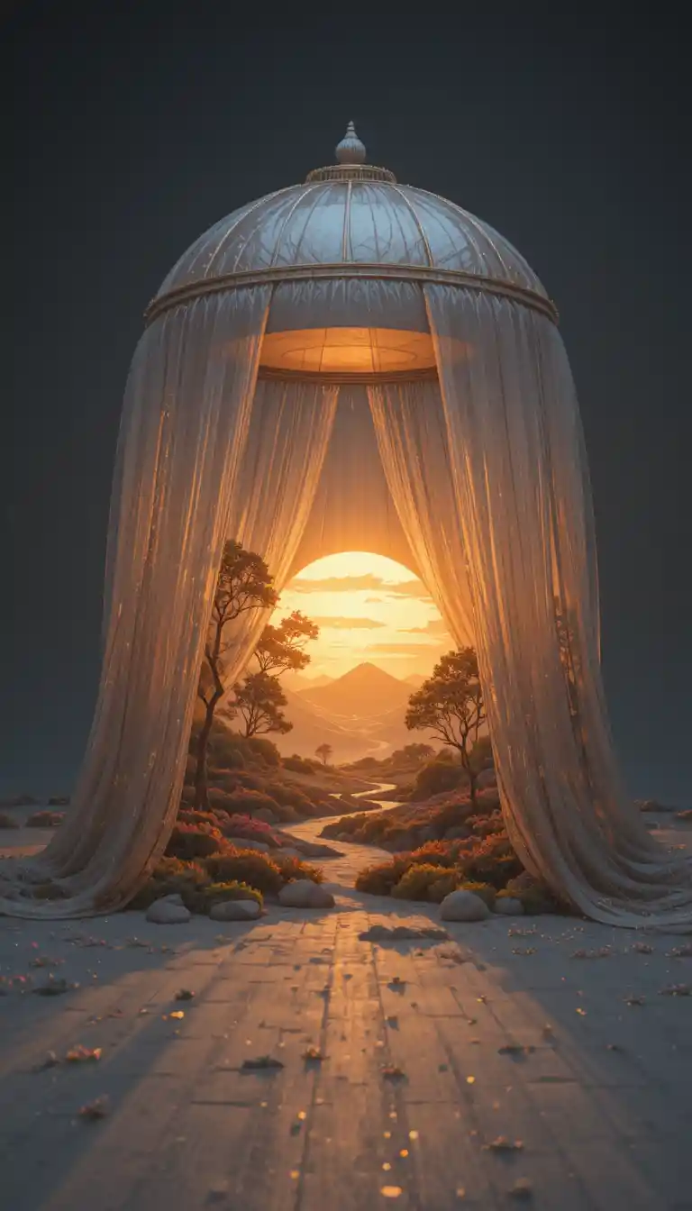 Diorama de nascer do sol dourado sob um vasto dossel transparente