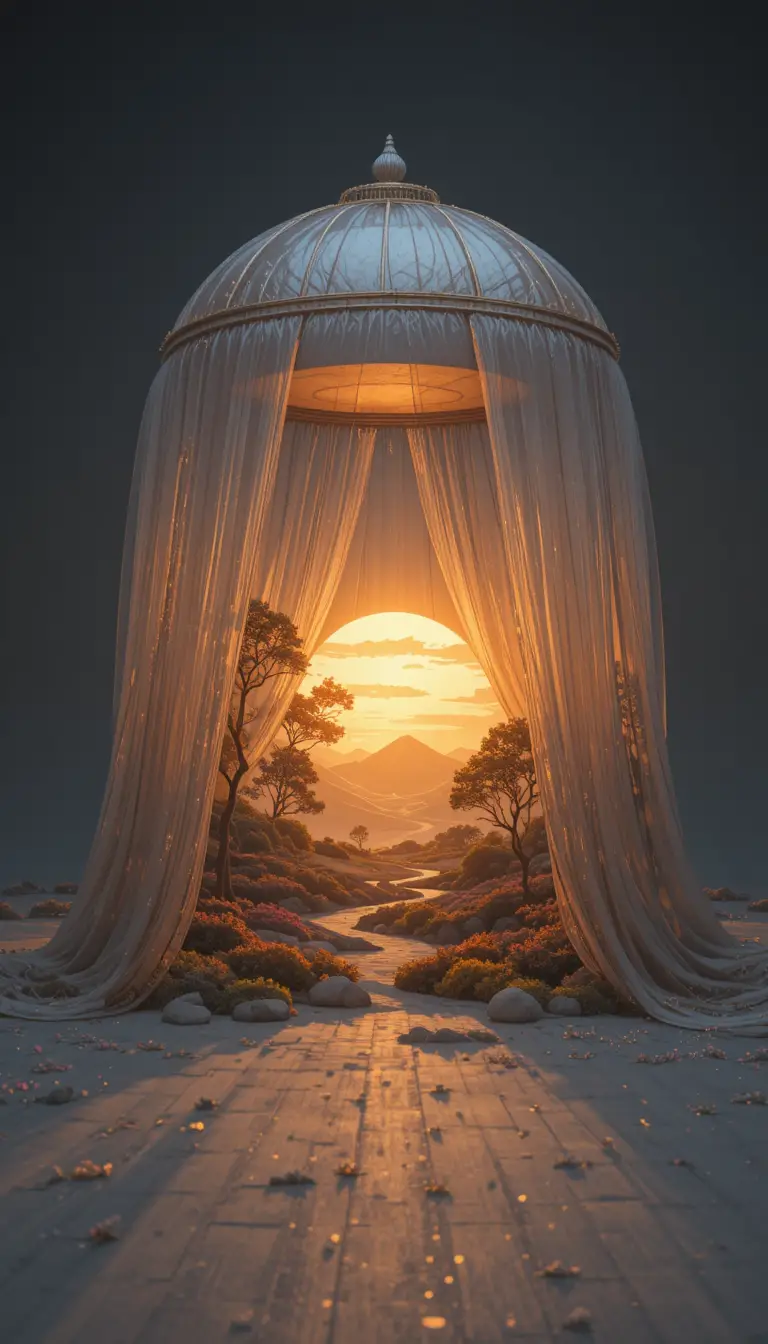 Golden sunrise diorama under a vast transparent canopy