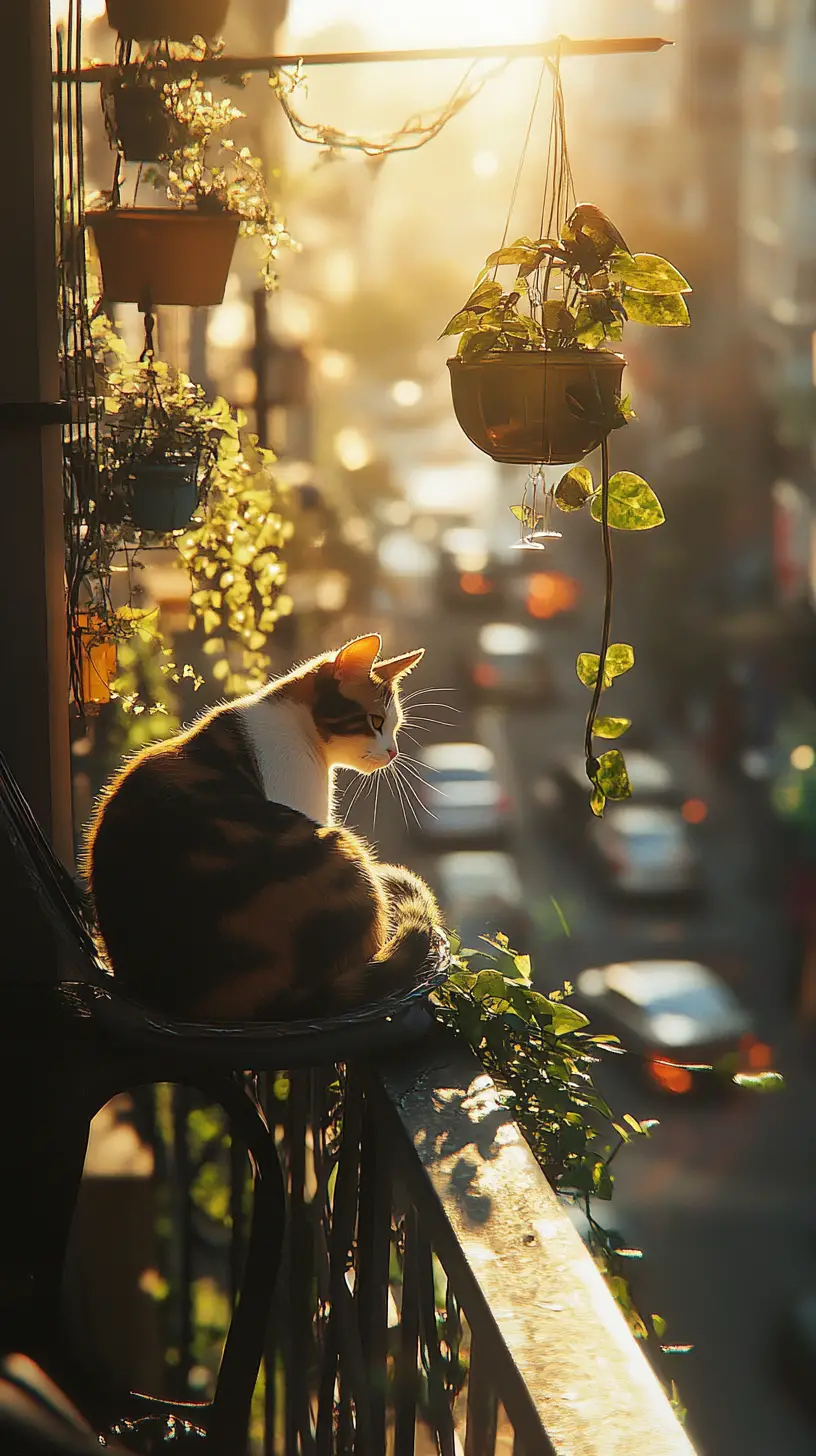 Cat Resting On A Sunny Balcony Chair With Plants