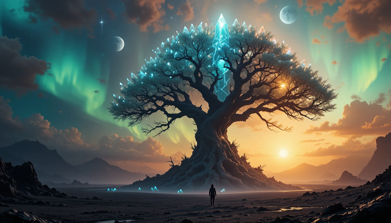 Gigantic crystal tree rising over a volcanic alien wasteland