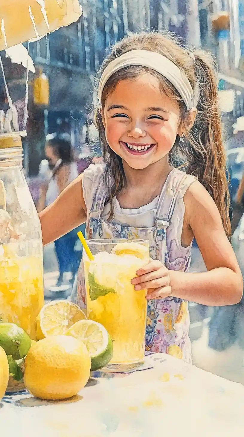 Smiling Young Girl Selling Lemonade At A City Street Stand