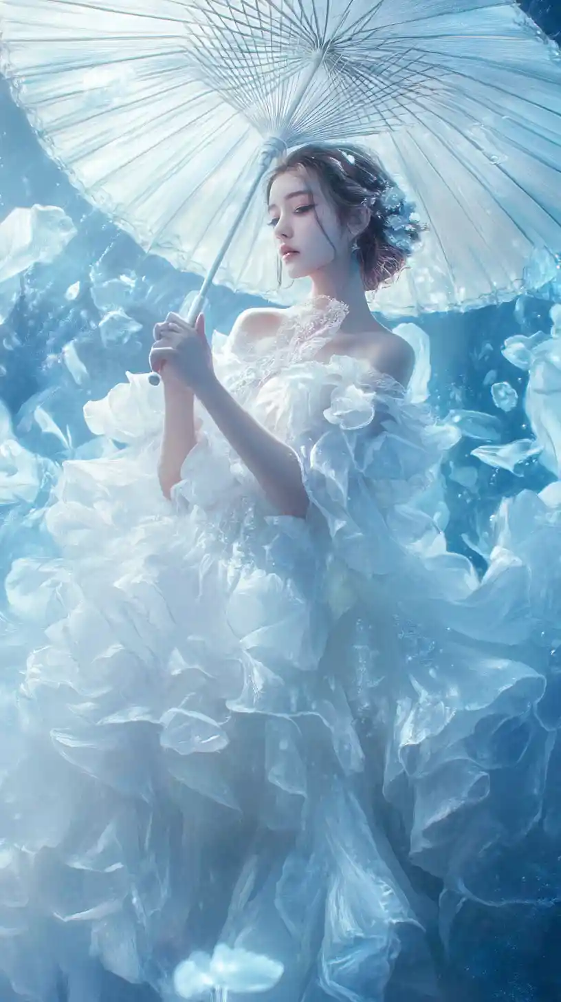 Ethereal woman in white gown with parasol in blue dream