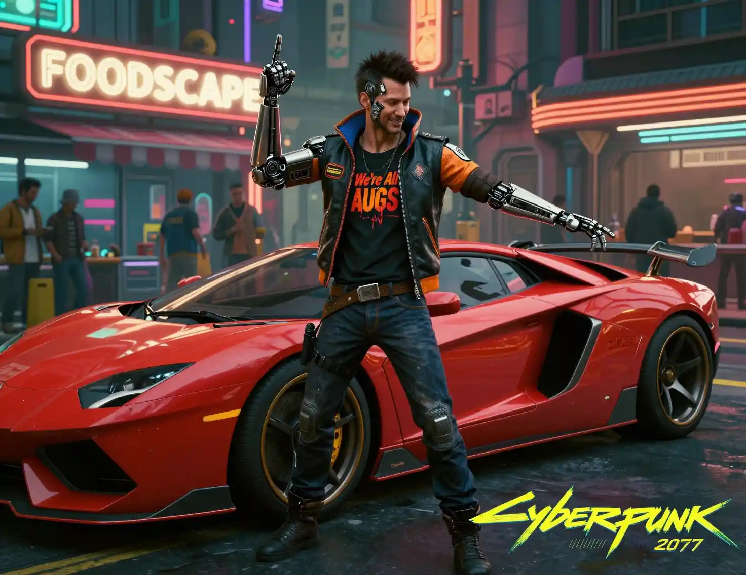 Cyberpunk-Cyborg tanzt neben futuristischem rotem Sportwagen