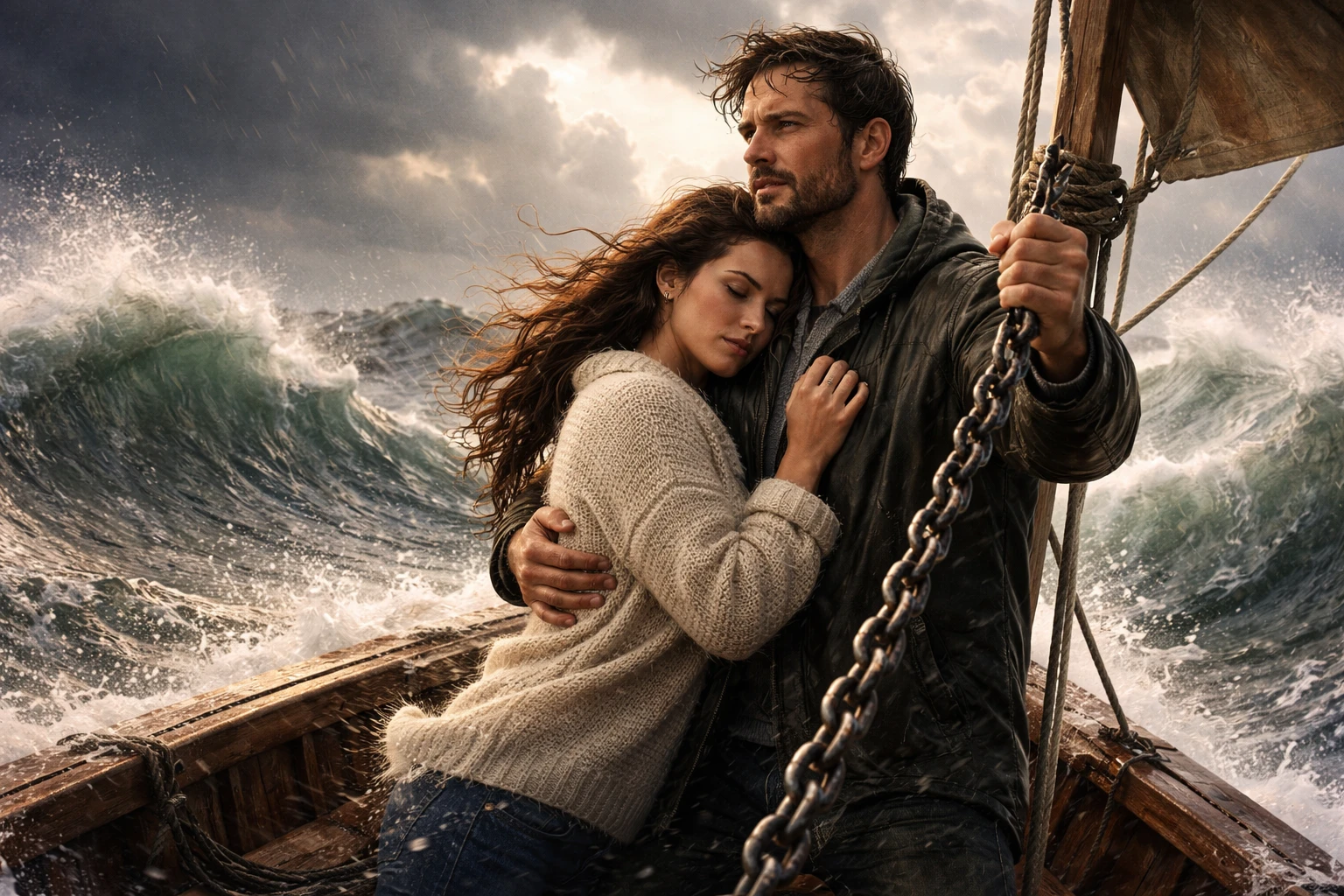 Couple standing on a small boat in stormy ocean waves