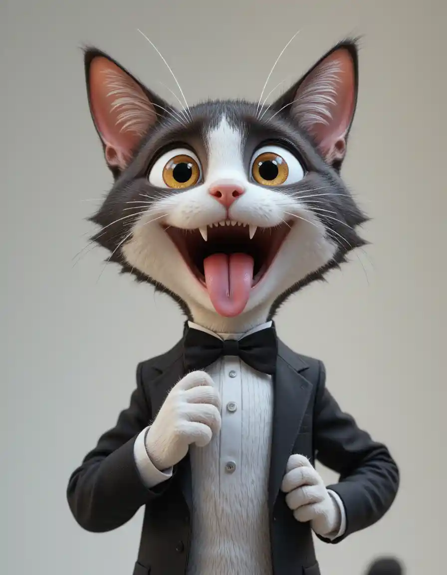 Funny tuxedo cat close up with silly system error face