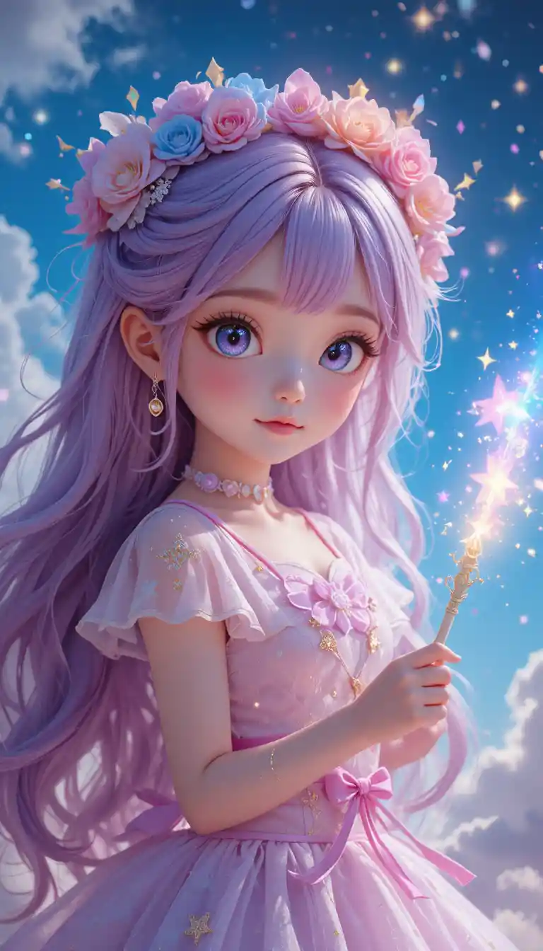 Adorable fille magique d’anime dans un ciel de fantaisie pastel
