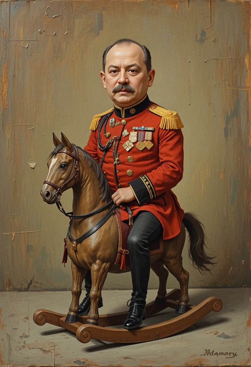 Portly general on a rocking horse in naive oil satire