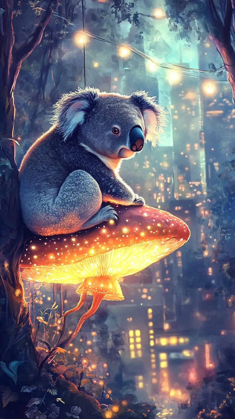 Koala mélancolique reposant sur un champignon lumineux au crépuscule