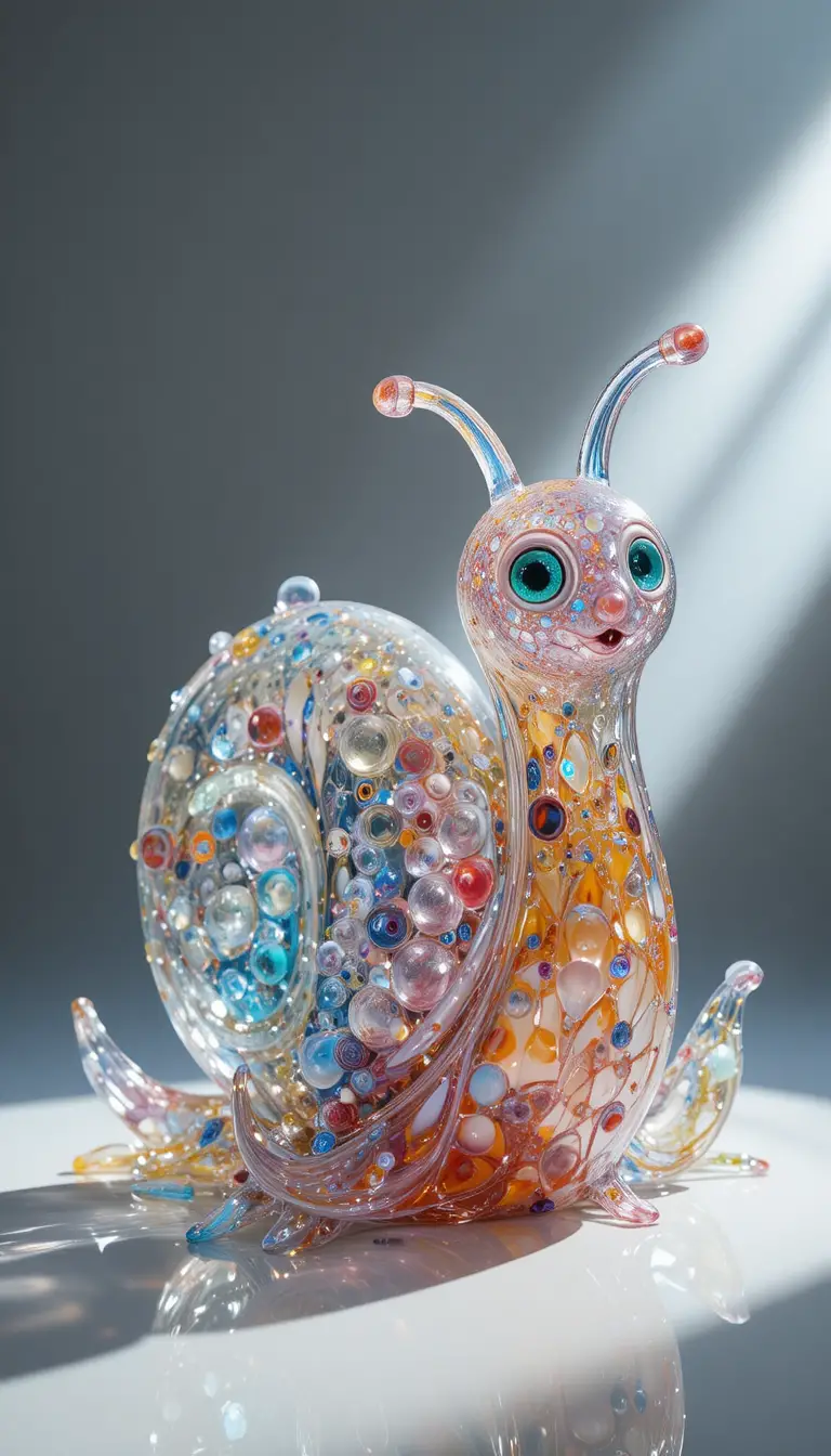 Cheerful glass snail sculpture in glowing macro close up