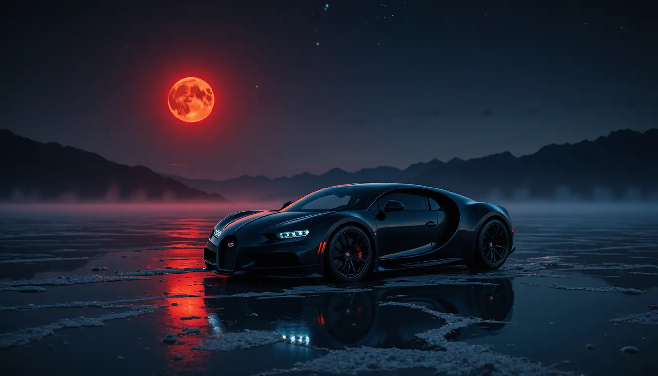 Matte black supercar on a flooded salt flat at night