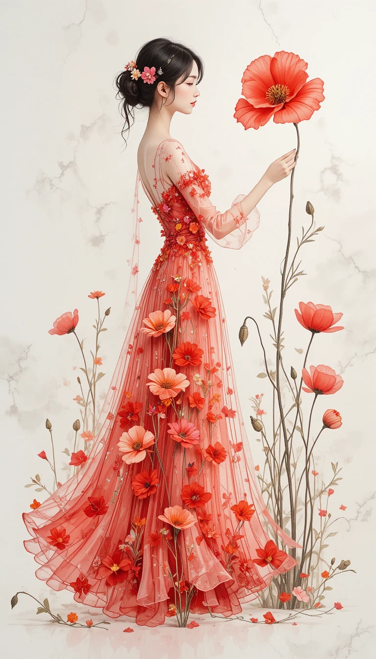 Young woman in spring dress touching a single red poppy