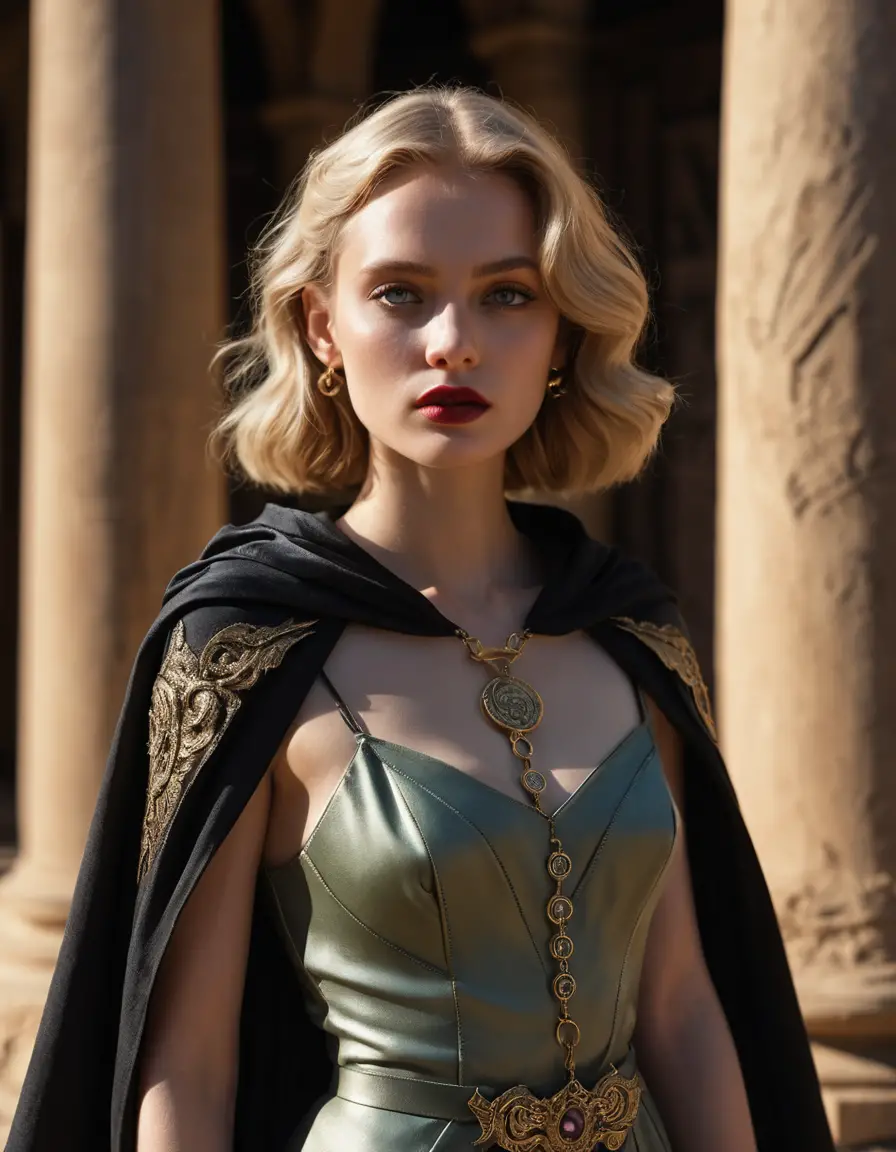 Noir blonde femme fatale in a desert temple at dusk