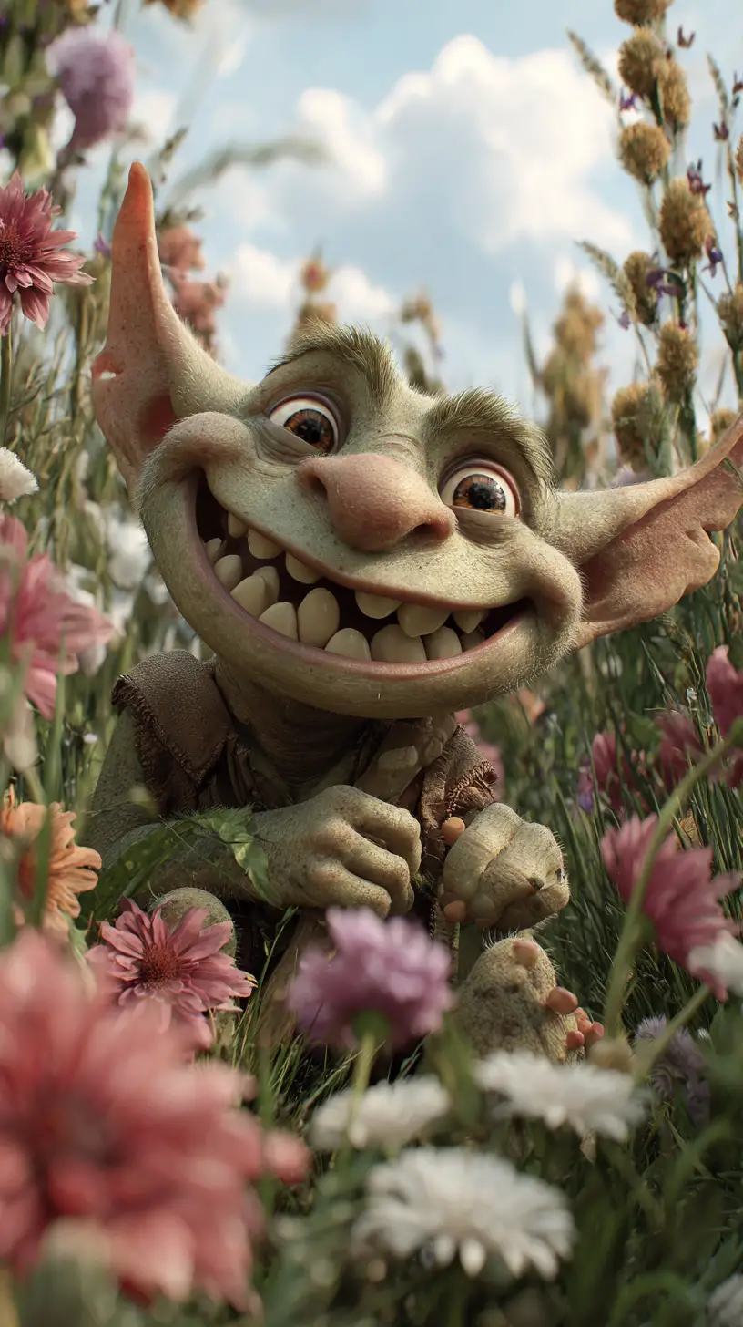 Gentle goblin with loving gaze in a flower meadow