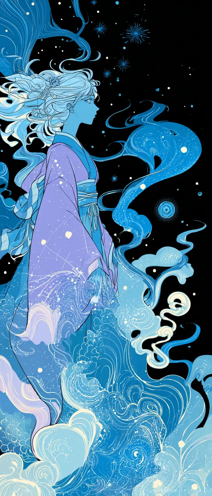 Cosmic anime deity profile with radiant starry waves