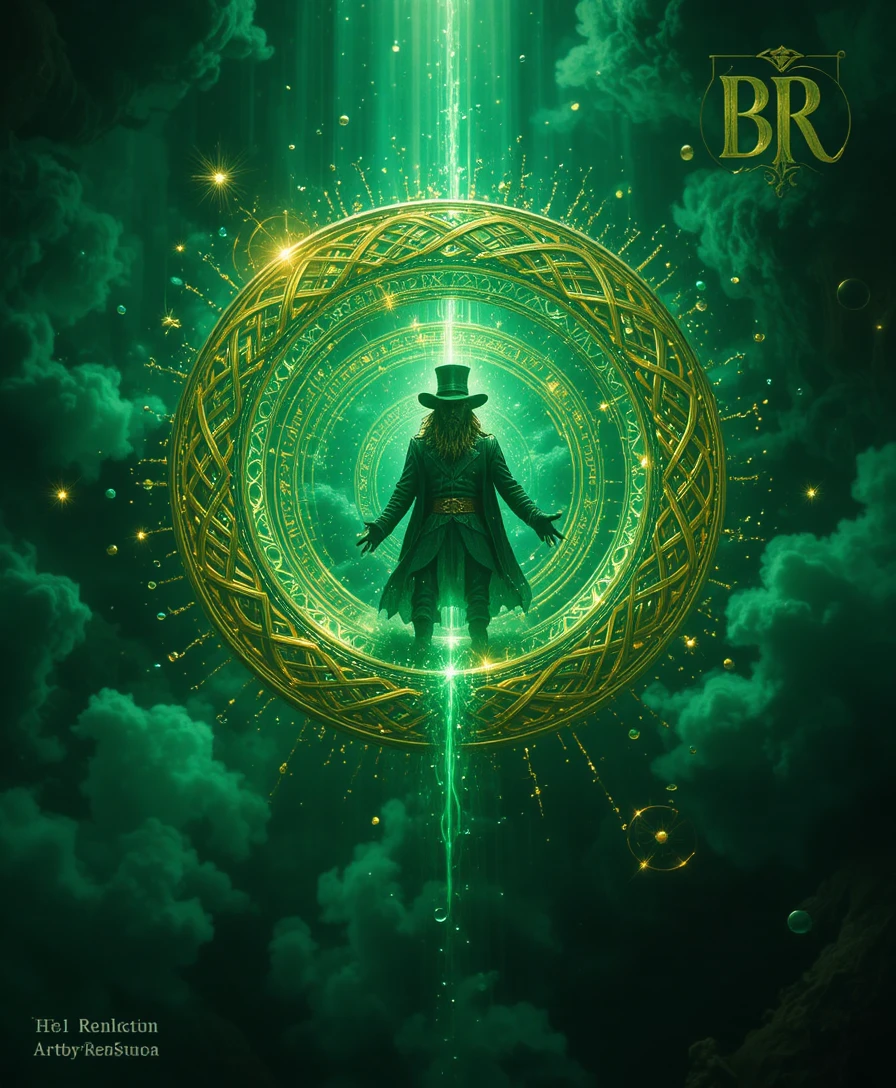 Leprechaun ancestral canalizando magia esmeralda en el nexo del arcoíris